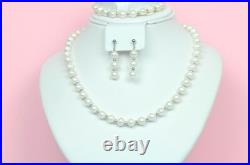 14K White Gold Natural White genuine Pearl Necklace, Bracelet, Earrings Set