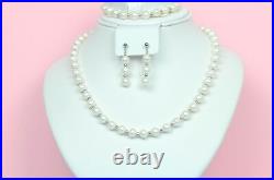 14K White Gold Natural White genuine Pearl Necklace, Bracelet, Earrings Set