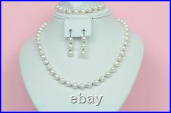 14K White Gold Natural White genuine Pearl Necklace, Bracelet, Earrings Set