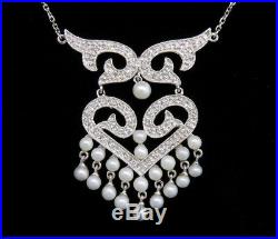 14K White Gold / Pearl / Diamond Necklace and Earrings Set Perfect Wedding Jewel