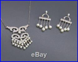 14K White Gold / Pearl / Diamond Necklace and Earrings Set Perfect Wedding Jewel