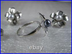 14K White Gold & Pearl Pendant/Ring/Earrings Flower Set, Signed M, 15.5g