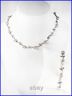14K White Gold and FLORAL PEARL 16 Necklace and Matching 6.5 Bracelet Set