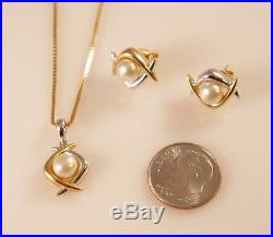 14K White & Yellow Gold Pearl Earrings & Necklace Pendant Set Albert David ADPG