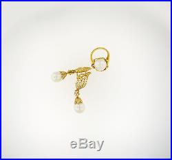 14k Yellow Gold Diamond & Pearl Long Drop Dangle Earrings And Ring Matching Set