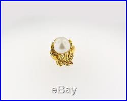14k Yellow Gold Diamond & Pearl Long Drop Dangle Earrings And Ring Matching Set