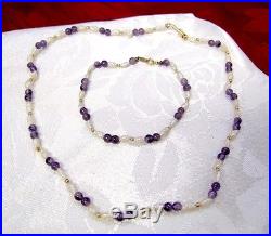 14K YELLOW GOLD FRESHWATER PEARL AND AMETHYST BEADS NECKLACE AND BRACELET SET