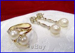 14k Yellow Gold Pearl Diamond Ring And Dangle Drop Down Earrings Set Size 8.5