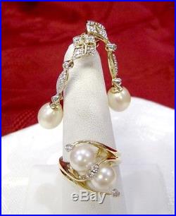 14k Yellow Gold Pearl Diamond Ring And Dangle Drop Down Earrings Set Size 8.5