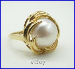 14K YELLOW GOLD Swirl Setting WHITE MABE PEARL Cocktail Ring BREATHTAKING! Sz 7
