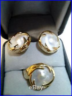 14k Yellow Gold Unique Freshwater Mabe Pearl Earrings & Ring Set (size 7 Ring)