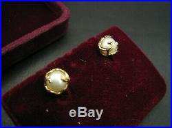 14K YELLOW GOLD Unique WHITE Pearl Stud Earrings SWIRLED VINE WRAP SETTING Fine
