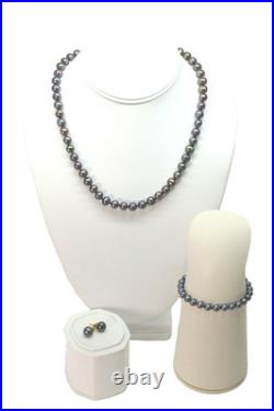 14K YG Iridescent Pearl Necklace Bracelet and Earrings Set