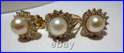 14K YG SET OF PEARL & DIAMOND EARRINGS & RING SZ 5.75 8.17 grams (A20499-1)