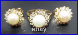 14K YG SET OF PEARL & DIAMOND EARRINGS & RING SZ 5.75 8.17 grams (A20499-1)