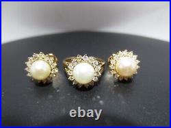 14K YG SET OF PEARL & DIAMOND EARRINGS & RING SZ 5.75 8.17 grams (A20499-1)