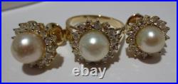 14K YG SET OF PEARL & DIAMOND EARRINGS & RING SZ 5.75 8.17 grams (A20499-1)