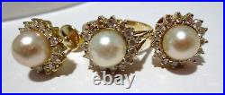 14K YG SET OF PEARL & DIAMOND EARRINGS & RING SZ 5.75 8.17 grams (A20499-1)