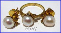 14K YG SET OF PEARL & DIAMOND EARRINGS & RING SZ 6.5 4.79 grams (A10559-2)