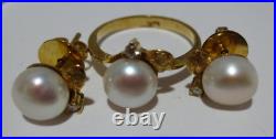 14K YG SET OF PEARL & DIAMOND EARRINGS & RING SZ 6.5 4.79 grams (A10559-2)