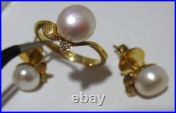 14K YG SET OF PEARL & DIAMOND EARRINGS & RING SZ 6.5 4.79 grams (A10559-2)