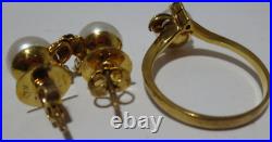 14K YG SET OF PEARL & DIAMOND EARRINGS & RING SZ 6.5 4.79 grams (A10559-2)