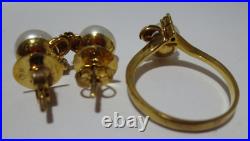 14K YG SET OF PEARL & DIAMOND EARRINGS & RING SZ 6.5 4.79 grams (A10559-2)