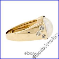 14K Yellow Gold 11mm Mabe Pearl Solitaire Ring with 6 Burnish Set Diamond Accents