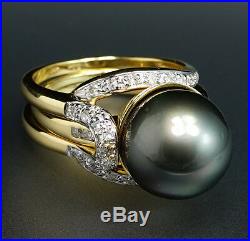 14K Yellow Gold 13.5mm HUGE Tahitian Dark Gray Pearl Diamond Ring 2-Piece Set