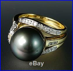 14K Yellow Gold 13.5mm HUGE Tahitian Dark Gray Pearl Diamond Ring 2-Piece Set