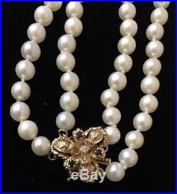14K Yellow Gold 2 pc Pearl Double Strand Set with Diamonds and Sapphires