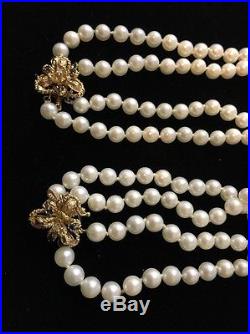 14K Yellow Gold 2 pc Pearl Double Strand Set with Diamonds and Sapphires