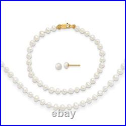 14K Yellow Gold 3-4mm FW Pearl 14in Necklace, 5in. Bracelet & Earring Set