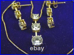 14K Yellow Gold 3-Stone Journey Necklace & Earrings Set DQ CZ Drop Dangle