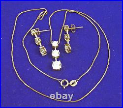 14K Yellow Gold 3-Stone Journey Necklace & Earrings Set DQ CZ Drop Dangle