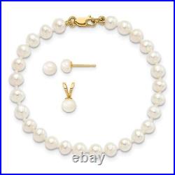 14K Yellow Gold 4-5mm White FW Pearl Pendant, 5in Bracelet & Earring Set