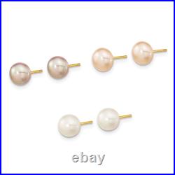 14K Yellow Gold 6 7mm Button Freshwater Cultured Pearl 3 Pair Earrings Set
