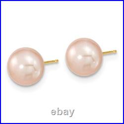 14K Yellow Gold 7-8mm Near Round Pink FWC Pearl Necklace and Button Earring Set