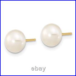 14K Yellow Gold 7-8mm Near Round White FWC Pearl Necklace & Button Earring Set