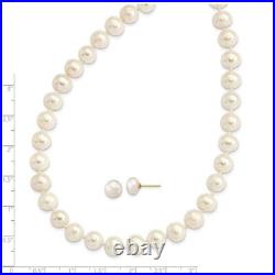 14K Yellow Gold 7-8mm Near Round White FWC Pearl Necklace & Button Earring Set