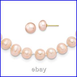 14K Yellow Gold 7 8mm Round Pink Freshwater Cultured Pearl Chain Necklace Button