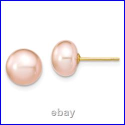 14K Yellow Gold 7 8mm Round Pink Freshwater Cultured Pearl Chain Necklace Button