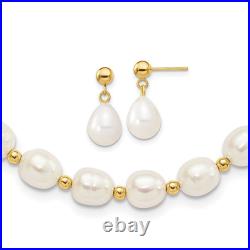 14K Yellow Gold 7 8mm White Freshwater Cultured Pearl Necklace Bead Earrings Set