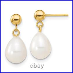 14K Yellow Gold 7 8mm White Freshwater Cultured Pearl Necklace Bead Earrings Set