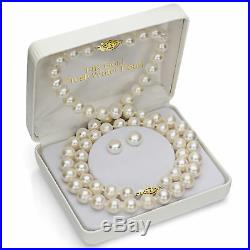14K Yellow Gold 9-9.5mm White Freshwater Pearl Necklace, Studs and Bracelet Set
