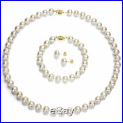 14K Yellow Gold 9-9.5mm White Freshwater Pearl Necklace, Studs and Bracelet Set