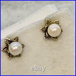 14K Yellow Gold Akoya Pearl Earrings Stud 5mm Gold Flower Star Set. 81gr VTG 8mm