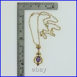 14K Yellow Gold Amethyst & Pearl Earring and Necklace Set Circa 1950