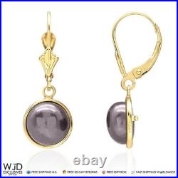 14K Yellow Gold Bezel Set Black Pearl Dangle Leverback Earrings 10mm