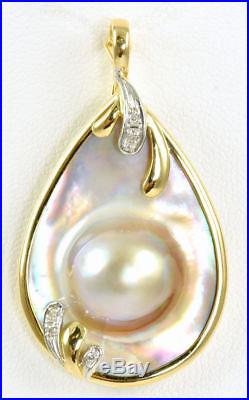 14K Yellow Gold Bezel Set Blister Mabe Pearl Enhancer Pendant with Diamond Accents